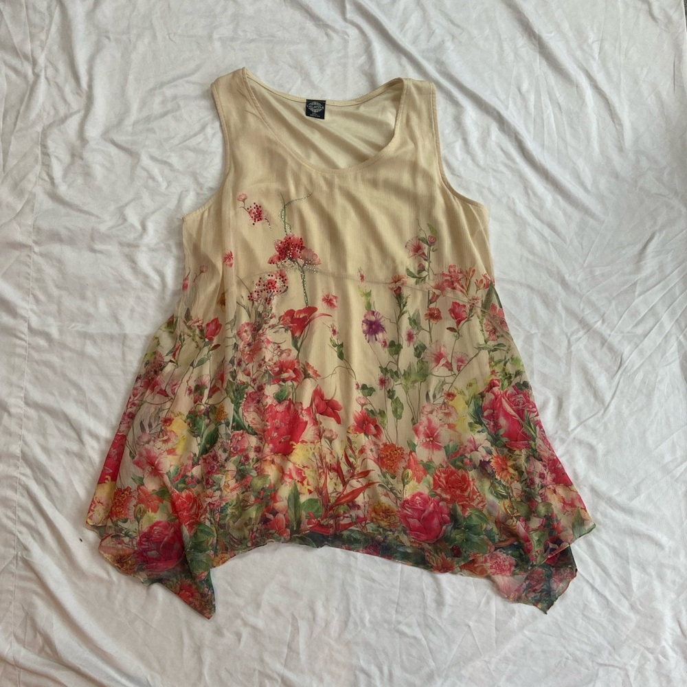Floral Sleeveless Top - Cream and Red